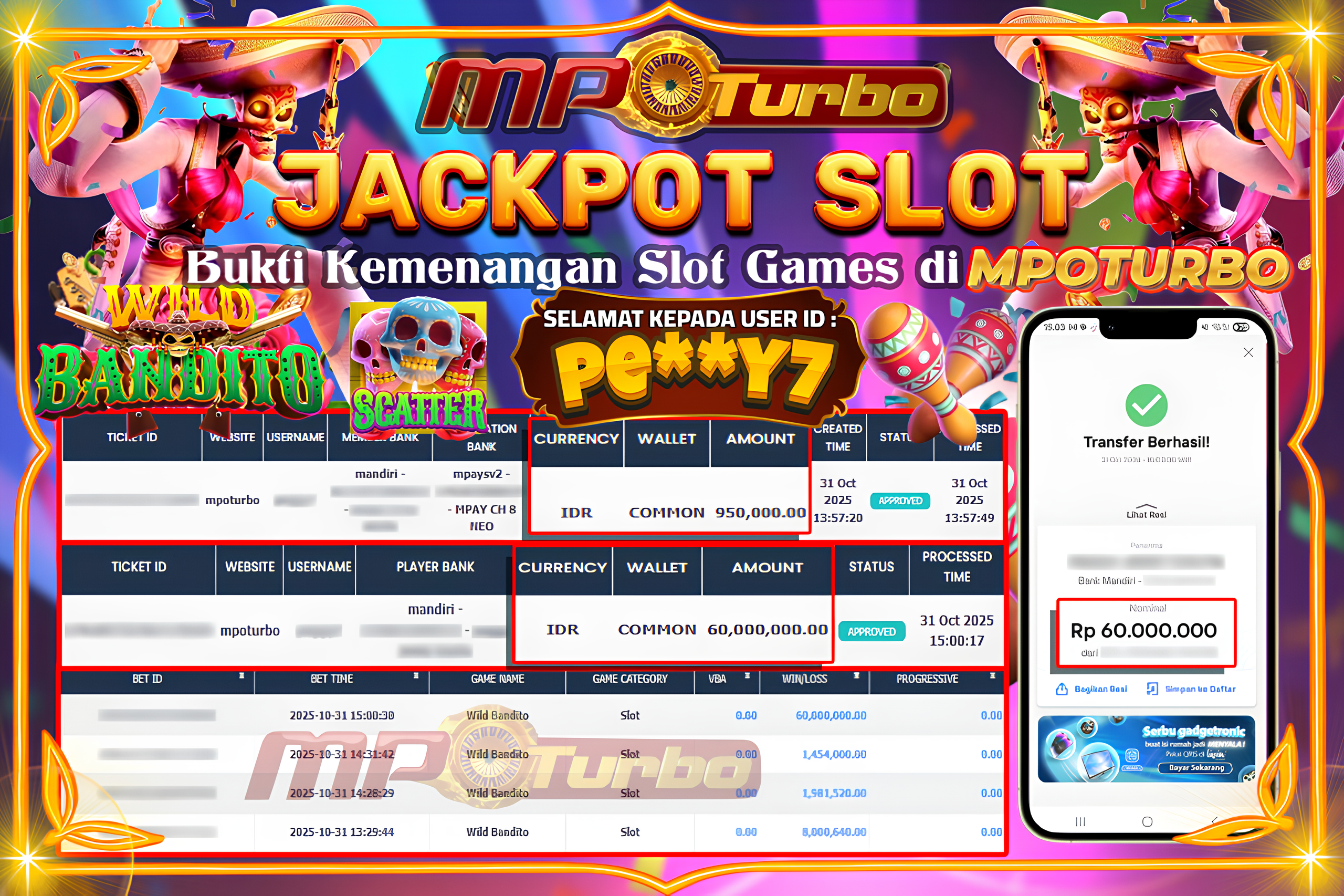 MPOTURBO JACKPOT WILD BANDITO - PG SOFT Rp 60,000,000.00,- LUNAS